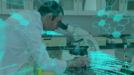 Poster - Male scientist placing slide on scope, rotating knob as hex grids and code guiding science research