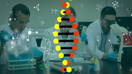Poster - DNA helix molecular overlays sweeping as scientists pipetting, weighing, focusing for lab analysis
