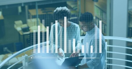 Poster - businesswoman lifting laptop at railing activating chart overlay reviewing binder with coworker