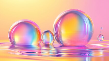 Poster - colorful iridescent spheres resting on rippled surface.