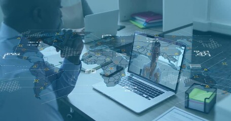 Poster - Male manager opening laptop, initiating business meeting, animated map pulsing data nodes