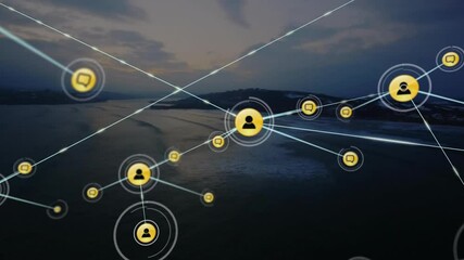 Poster - Glowing yellow user icon floating over bay dusk sending lines forming chat bubbles growing network