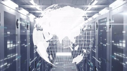 Aufkleber - At start digital globe appearing in server racks and rotating while data streaks showing network