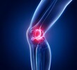 © Xiaoxiao - 3D medical illustration of knee pain with glowing red damage point on blue background, highlighting joint injury and inflammation