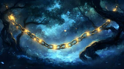 Poster - Enigmatic forest landscape with a fiery chain illuminating the dense trees and underbrush at dusk