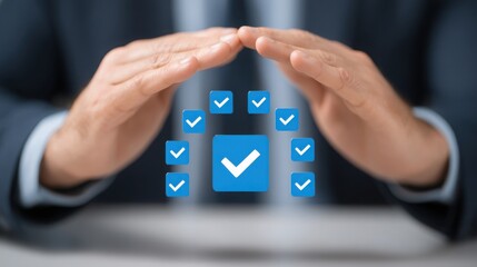 Poster - Individual holding blue check mark illustrating the capital protection strategy in a conceptual planner for low-risk investments