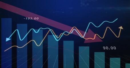 Poster - Data viz showing red arrow updating and lines emerging, weaving vanishing over bars showing trends