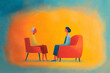 © Health Studio - Two people sit facing each other in armchairs, engaged in a calm and thoughtful conversation against a warm, colorful background.
