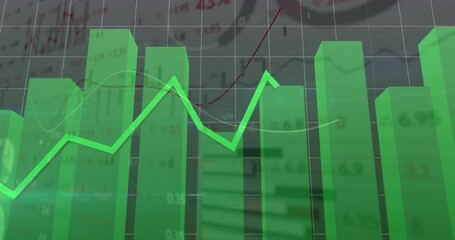 Poster - Upon grid loading, nine green bars rising while neon-green line climbing bars showing market trends