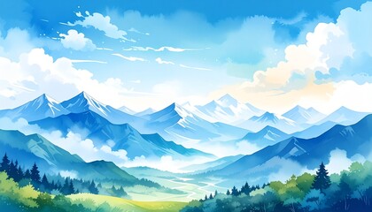Wall Mural - clear sky view with at watercolor painting with cyan and white