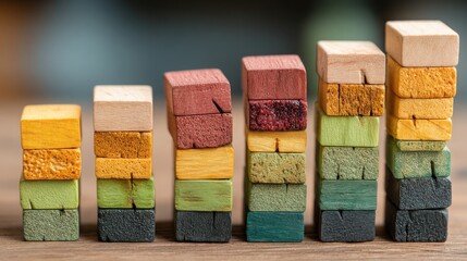 Poster - Group of colorful wooden blocks arranged in a creative pattern representing economic correction flow dynamics and concepts