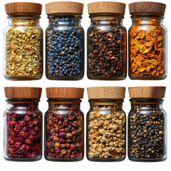 Assorted dried herbs and spices in glass jars with cork lids for culinary and aromatherapy use display shelf on transparent background