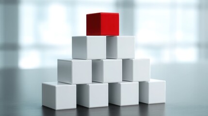 Poster - Stack of white cubes with a single red cube on top representing leadership in a hierarchical structure