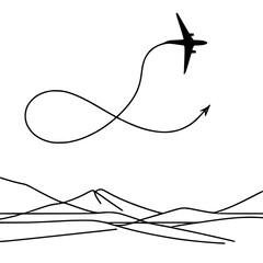 Poster - Airplane flying in a loop above minimalist mountain landscape - Concept of single line outline vector  