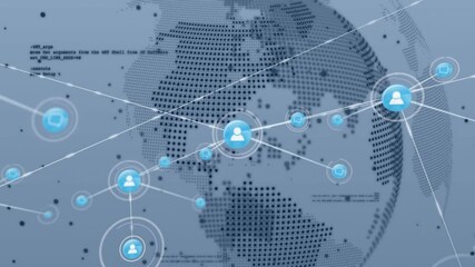 Poster - Rotating dotted globe initiating user icons appearing and linking monitors, showing network growth