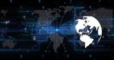 Poster - Dotted map starting neon-blue circuits pulsing while 3D globe rotates eastward for data display