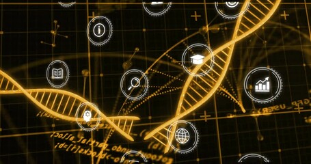 Poster - On sequence start DNA helix rotating and drifting while icons orbiting forming data network