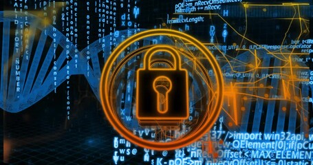 Poster - 3D grid stretching spawning glowing padlock with rings, rotating DNA helix code securing data