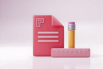 Fototapete - Pink Document Icon with Pencil and Ruler 3D Render