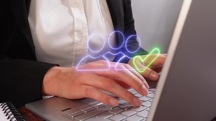 Poster - Businesswoman typing on a computer, with virtual icon of a group of people and a check mark