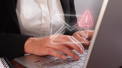 Poster - Businesswoman with virtual icon of a white envelope with a warning sign