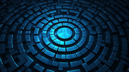 Wall Mural - blue circular maze pattern on dark background with abstract elements highlighting peripheral designs