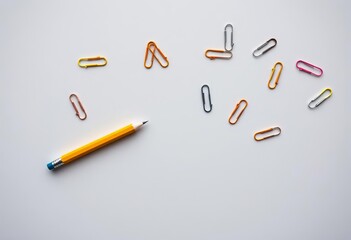 Wall Mural - Yellow pencil rests amidst scattered paper clips on a neutral gray surface, school supplies, creativity