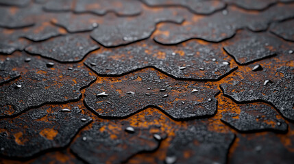 Poster - Close-up of textured, weathered metal surface with rust, droplets, and intricate patterns showcasing decay and industrial aesthetics