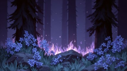 Wall Mural - Ethereal Forest Fire  Magical Blue Flowers   Flames