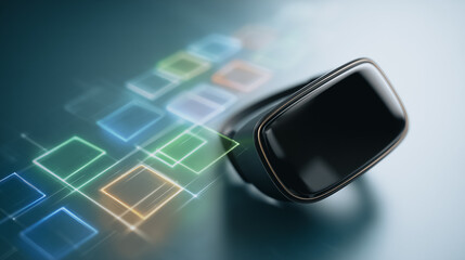 Poster - Virtual Immersion: A futuristic virtual reality headset floats amidst a stream of luminous digital squares, evoking a sense of cutting-edge technology and immersive experiences.