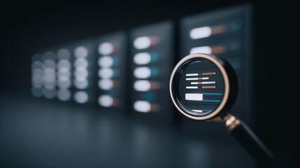 Poster - Data Analysis in Focus: A magnifying glass highlights data analysis with server data racks in the background.