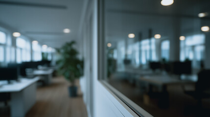 Poster - Modern Office Space: A wide shot of an empty, contemporary office space, illuminated by natural light streaming through large windows, suggesting an environment of innovation and collaboration.