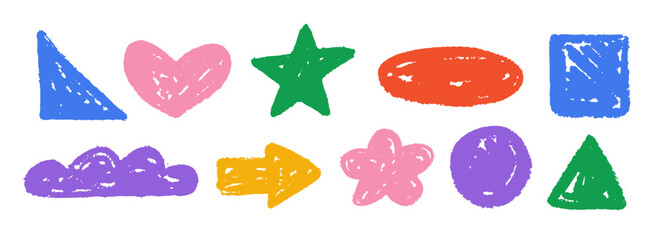 Aufkleber - Colorful hand drawn crayon shape set. Bright charcoal geometric doodle collection. Pastel pencil texture form pack for sticker, patch, badge. Childish sketch cloud, arrow, star, heart elements. Vector