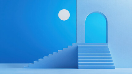 Aufkleber - Minimalist blue staircase with archway and circular sun against a vibrant blue wall, modern geometric design for visual art and interior decor themes