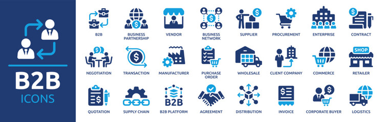 Poster - B2B icon set. Business to business, supplier, commerce, vendor, enterprise, partnership, manufacturer, purchase order, supply chain, transaction, quotation and more. Solid vector icons collection.