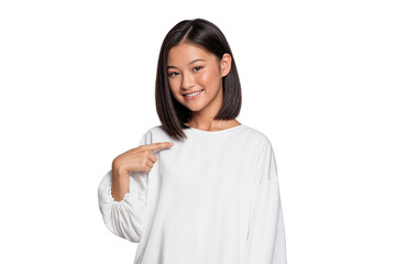 Poster - Confident young girl in a white shirt pointing at me with a gentle smile during a studio shoot, isolated on transparent background