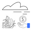 © robu_s - Flowers growing under a cloud with a hand holding a coin represent sustainability, investment, eco-friendliness, nature, resource conservation, innovation, and finance. Ideal for environmental