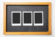 © Leo Lintang - Three blank polaroid photo papers on the small blackboard on a white background. Mockup, template, or copy space. Instant camera photo print frame