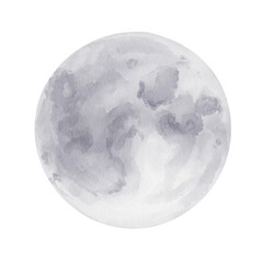 Full moon. Big round white moon with grey spots. Watercolor illustration isolated from background. Hand drawing. spots, stains. Realistic romantic illustration.