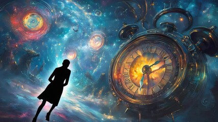 Poster - A mysterious clock surrounded by a breathtaking galaxy with a person gazing in awe at time