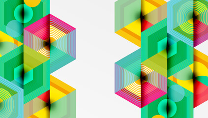 Aufkleber - Abstract geometric shapes, vibrant colors, layered design. Cubes, circles create dynamic visual composition. Modern, clean aesthetic.