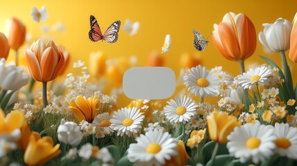 Leinwandbilder - Bright yellow background with 3D illustration of daisies, tulips, and butterflies floating playfully, empty center space for text