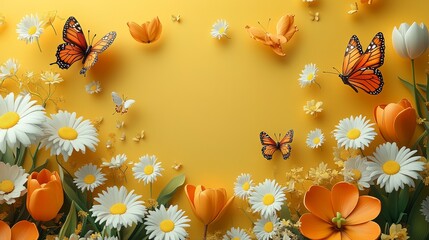 Leinwandbilder - Bright yellow background with 3D illustration of daisies, tulips, and butterflies floating playfully, empty center space for text