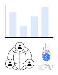 Poster - bar chart representing data analysis, interconnected users on a global network, and coins dropping t