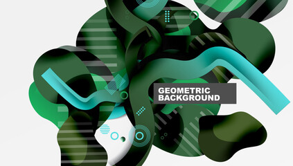 Fototapete - abstract fluid shapes, dark greens, blues dominate. geometric patterns present modern design element