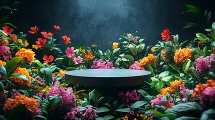 Fototapete - Floating-style podium emerging from a dense bed of vibrant garden florals, ideal for spring product showcase