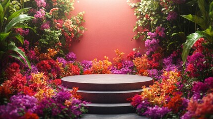 Fototapete - Floating-style podium emerging from a dense bed of vibrant garden florals, ideal for spring product showcase