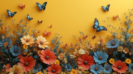 Poster - Lively 3D rendering of colorful spring flowers bursting from bottom edge with butterflies, yellow background and upper space clear