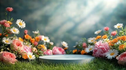 Fototapete - Product podium placed on grass, encircled by vibrant daisies, peonies, and roses, fresh spring theme with natural sunlight