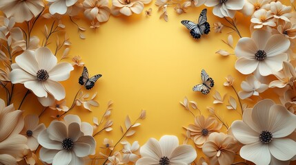 Leinwandbilder - Soft 3D-style flowers with detailed petals and butterflies placed around edges, large yellow background for text or graphics